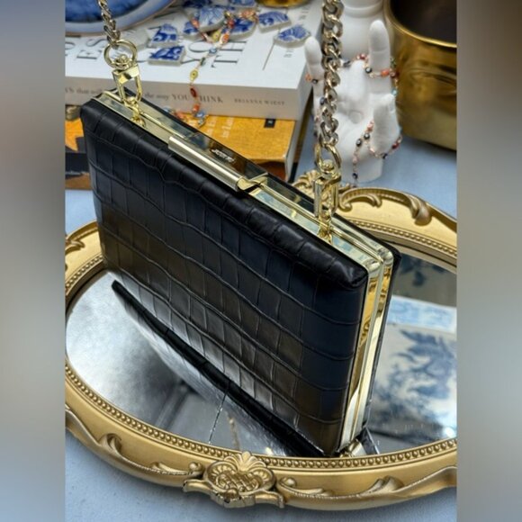 🆕 JASON WU 🧿 NWOT Black Croc Embossed Leather Clutch, with Gold Chain Strap - Picture 3 of 16